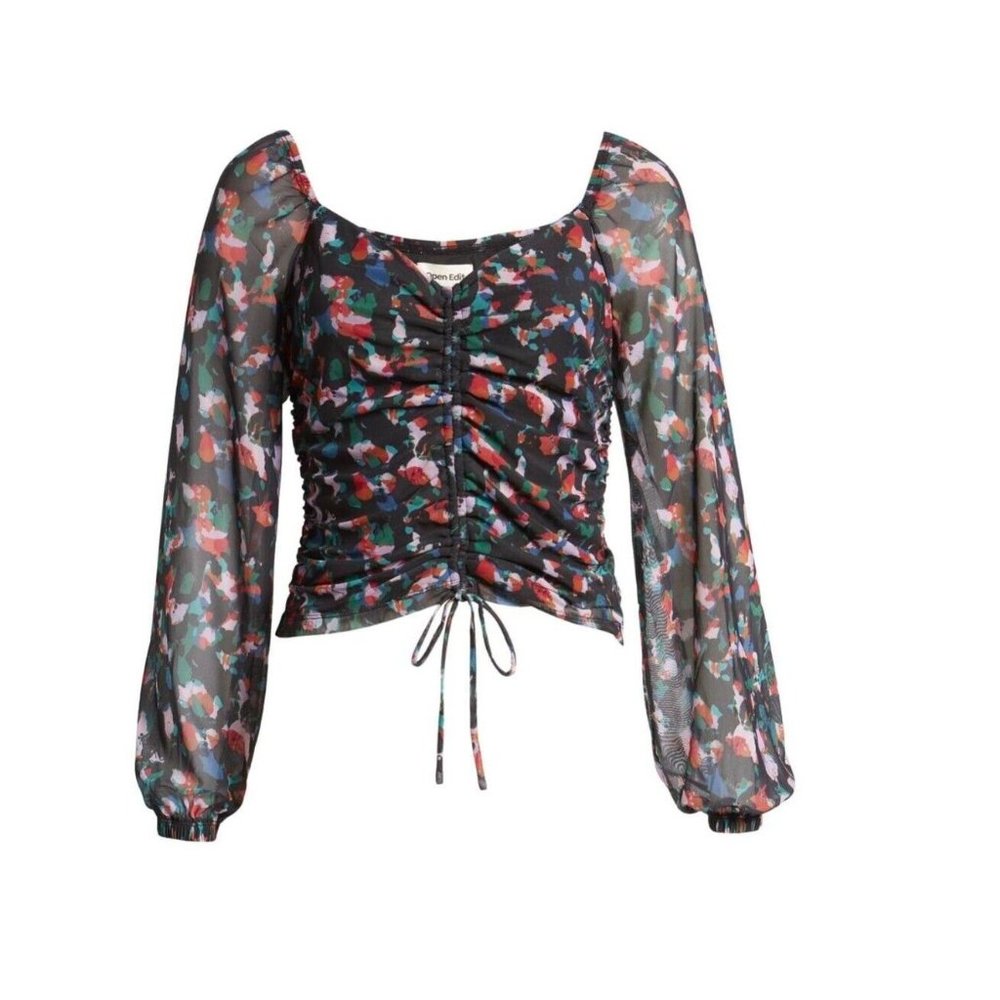 Open Edit NORDSTROM Women's Red and Black Floral Mesh Crop Top size MEDIUM